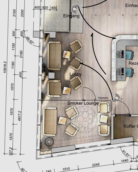 Grundriss-Plan eines Hotelfoyers, mit PYTHA geplant